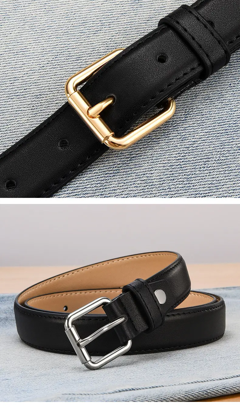 Women's Black Leather Belt with Gold Buckle — feature 14