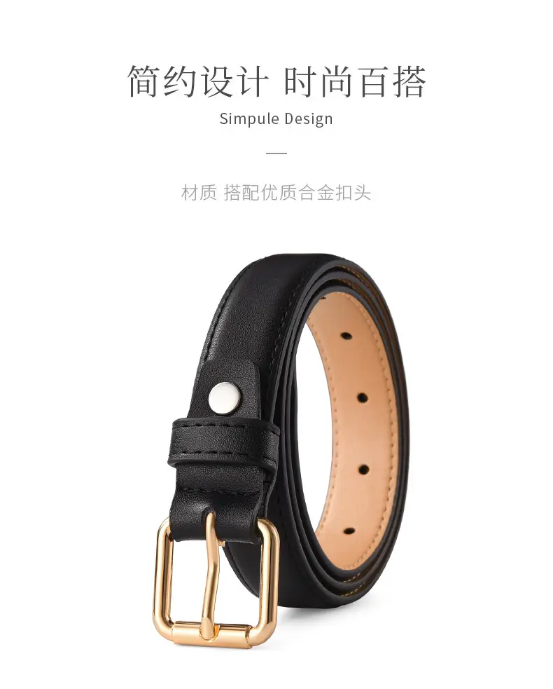 Women's Black Leather Belt with Gold Buckle — feature 2