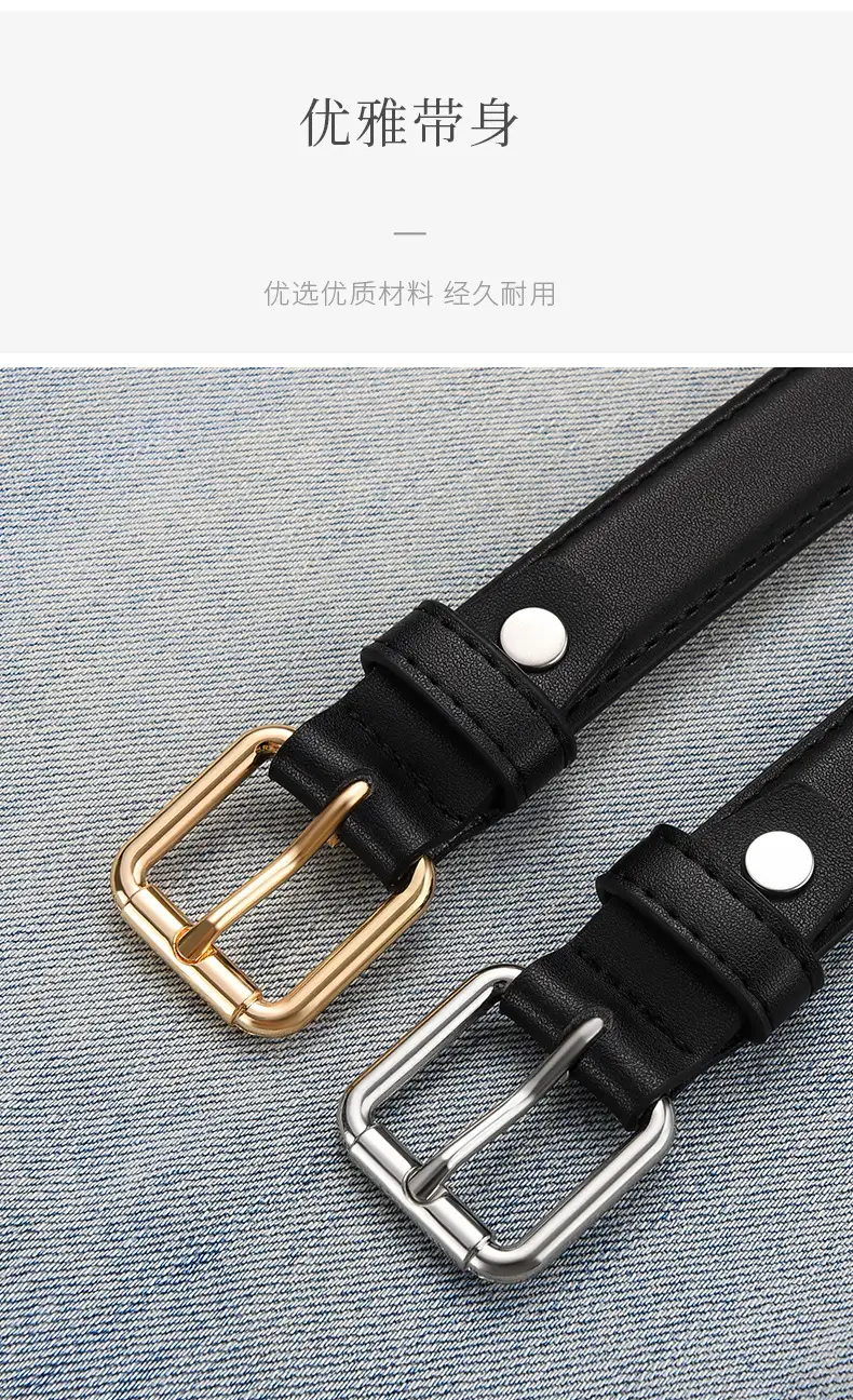 Women's Black Leather Belt with Gold Buckle — feature 3