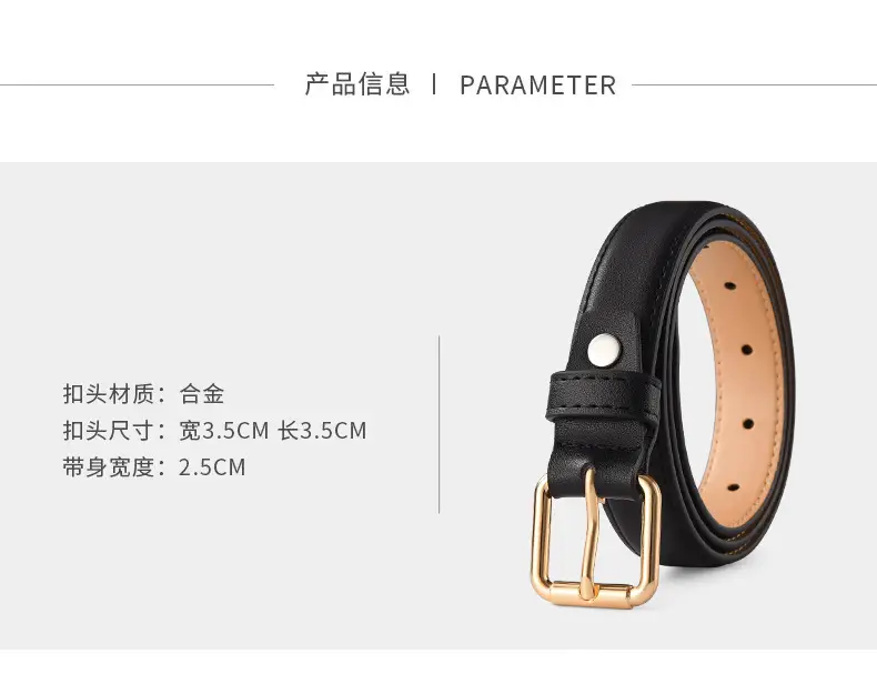 Women's Black Leather Belt with Gold Buckle — feature 7