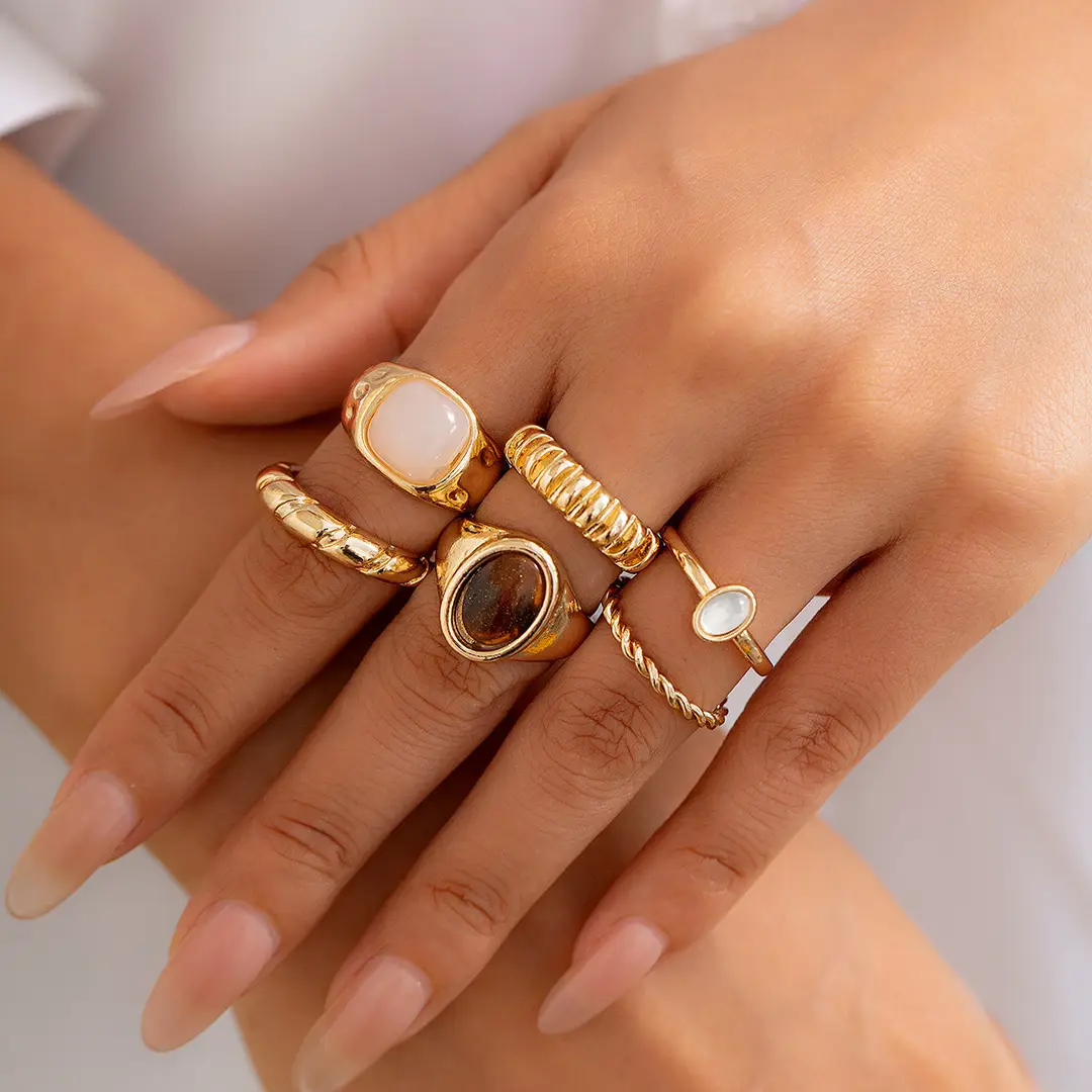 European and American Cross-Border Minimalist Style Irregular Adjustable Ring Set with Unique Metallic Texture Rings for Women