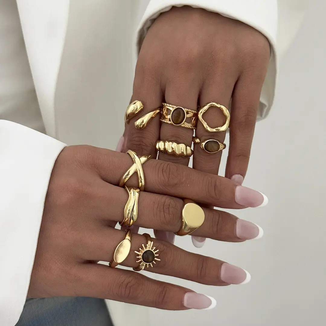 European and American Cross-Border Minimalist Style Irregular Adjustable Ring Set with Unique Metallic Texture Rings for Women