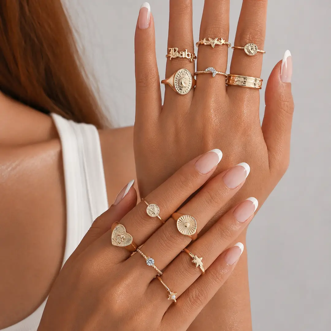 European and American Cross-Border Minimalist Style Irregular Adjustable Ring Set with Unique Metallic Texture Rings for Women