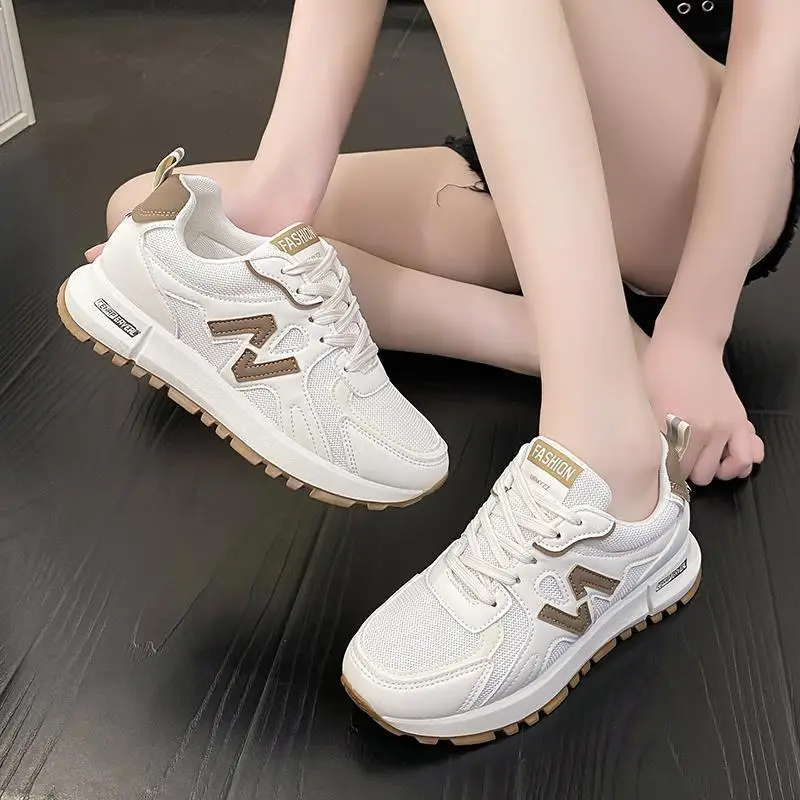 Spring Style Women's Shoes, Mesh Breathable Thick-Soled Lightweight White Shoes, Outdoor Trendy Comfortable Student Casual Sports Shoes for Women