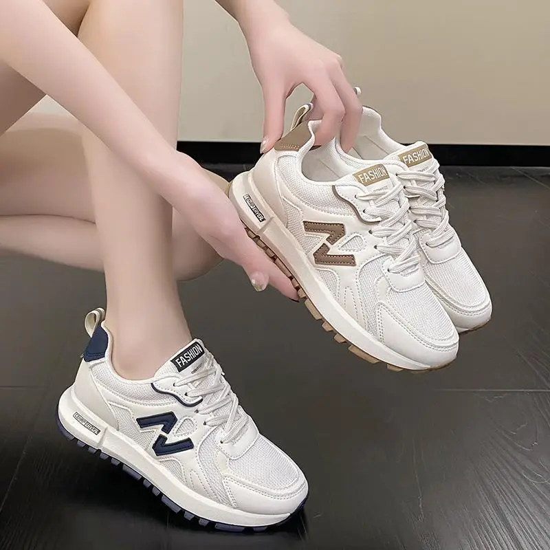 Spring Style Women's Shoes, Mesh Breathable Thick-Soled Lightweight White Shoes, Outdoor Trendy Comfortable Student Casual Sports Shoes for Women