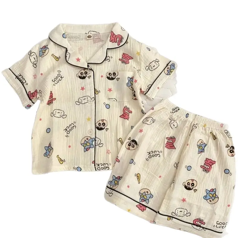 Children's Pajamas Summer Crayon Small New Boy's Home Clothes Big Girl's Short-sleeved Air-conditioning Clothes Gauze Thin