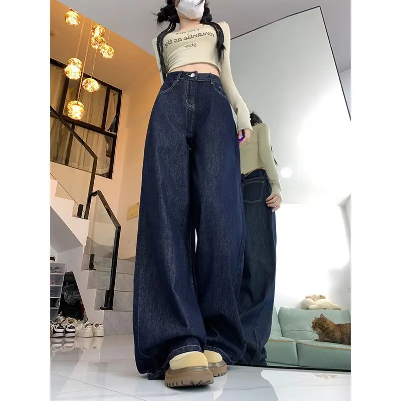 Women Dark Blue Wide Leg Jeans High Waist Slimming 2025