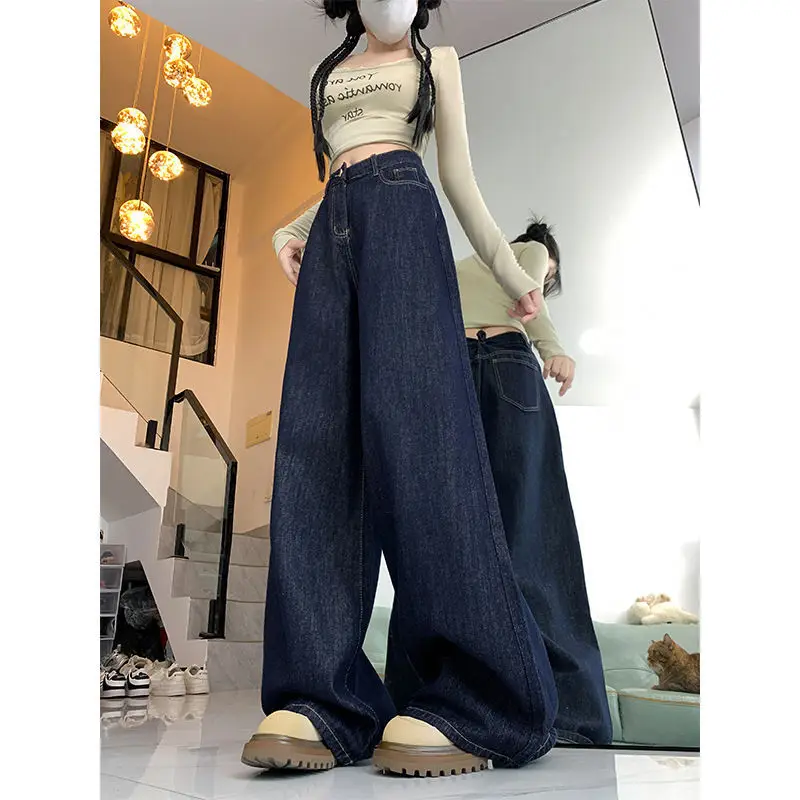 Women Dark Blue Wide Leg Jeans High Waist Slimming 2025