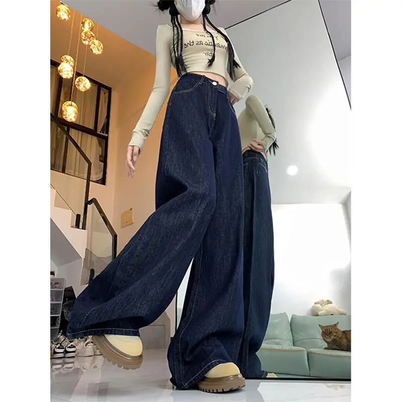 Women Dark Blue Wide Leg Jeans High Waist Slimming 2025