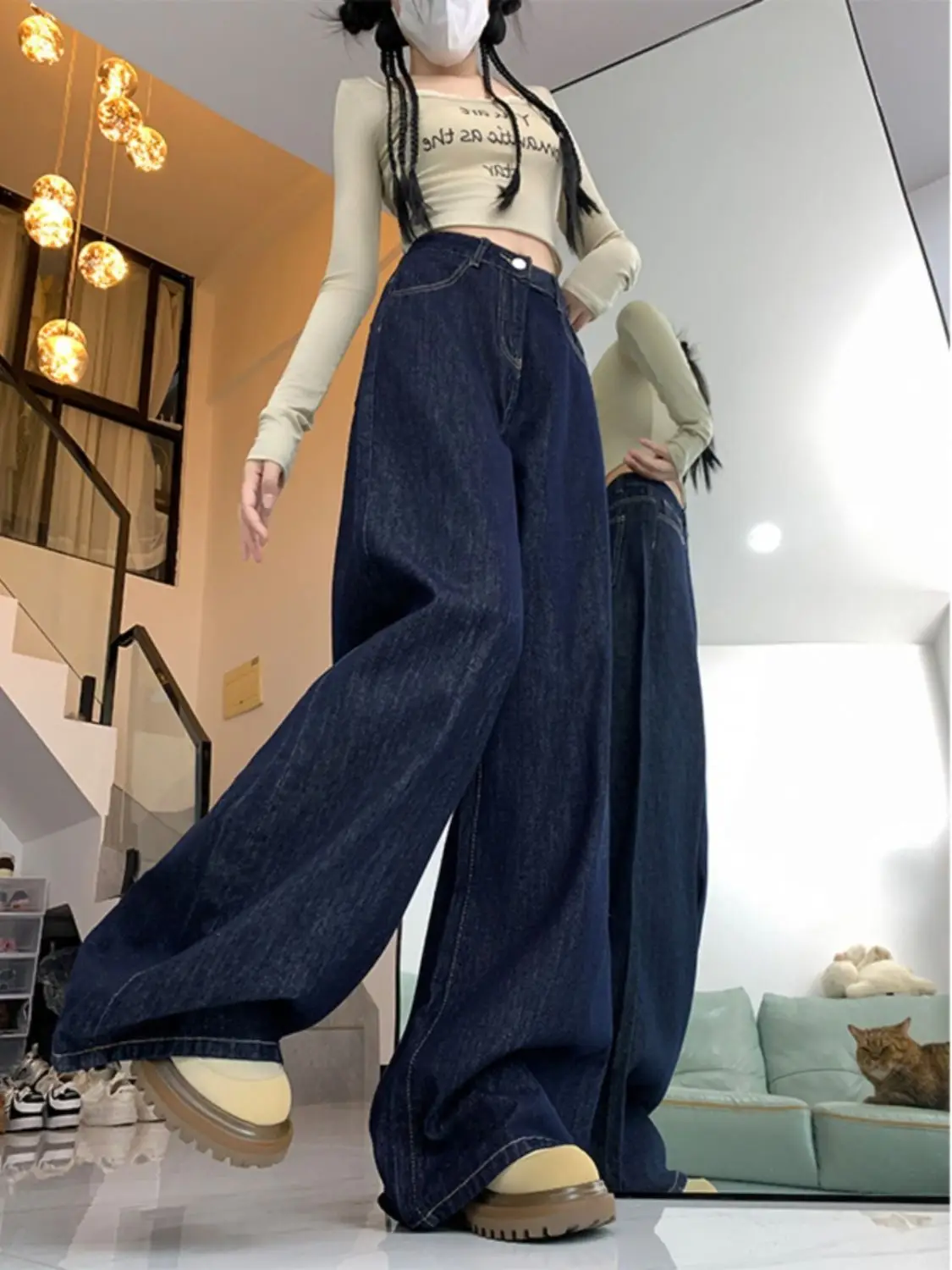 Women Dark Blue Wide Leg Jeans High Waist Slimming 2025 — feature 5