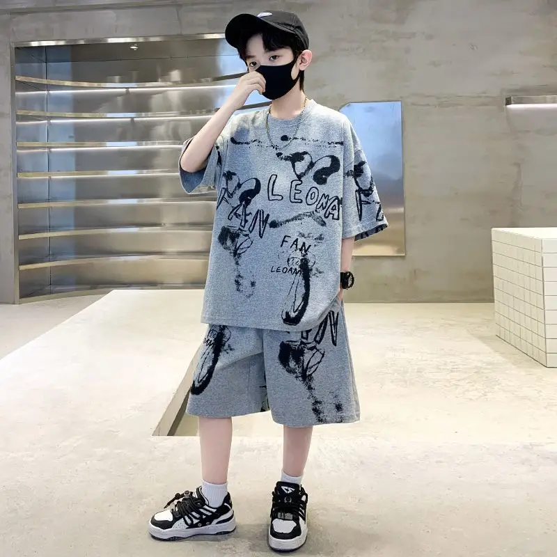 Kids Cotton Graphic Shorts Set Gray Black Summer Casual