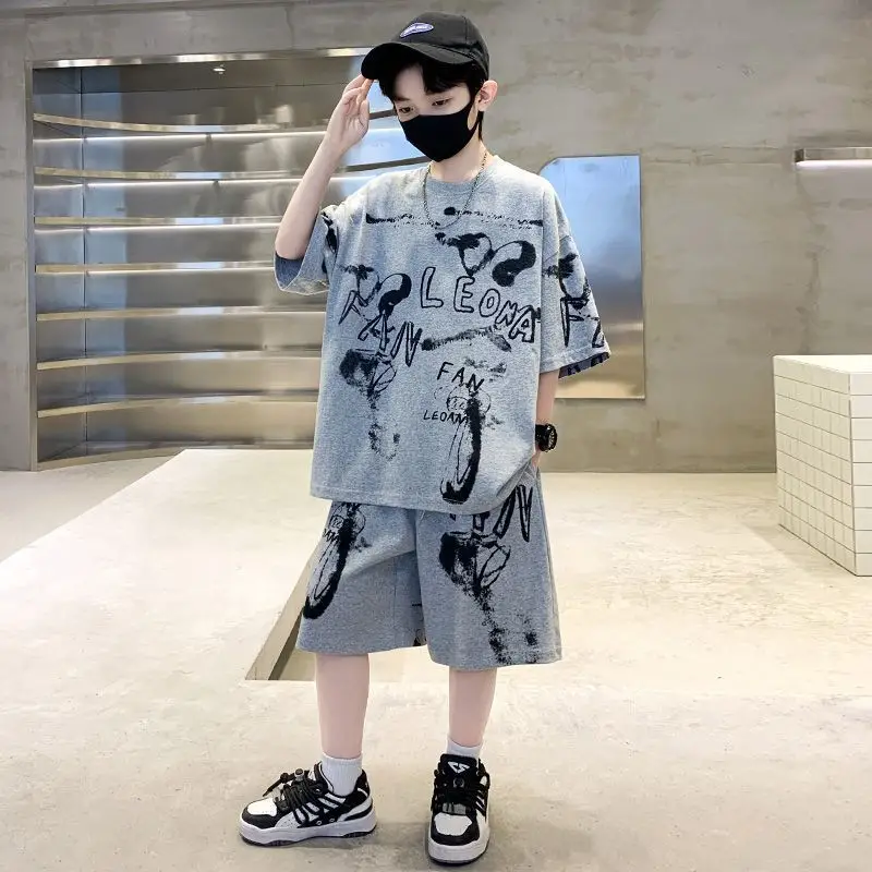 Kids Cotton Graphic Shorts Set Gray Black Summer Casual