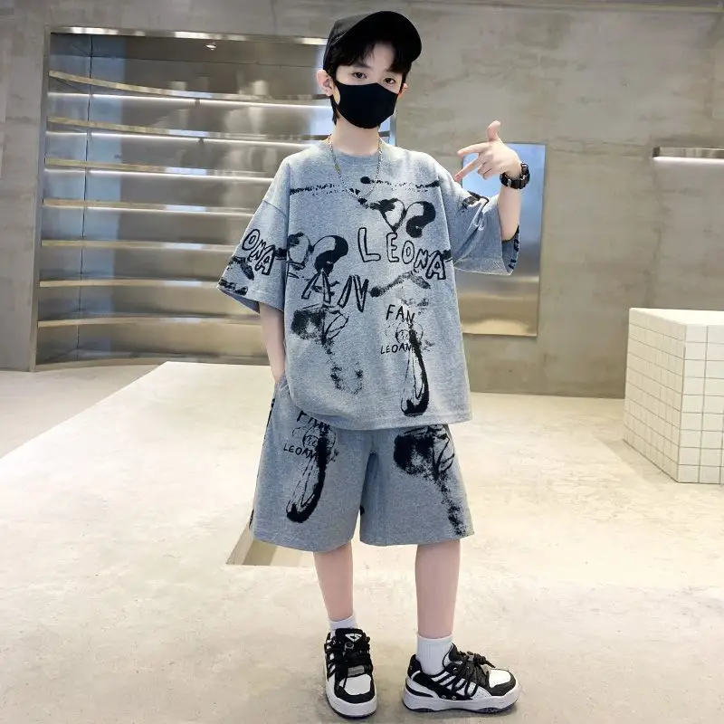 Kids Cotton Graphic Shorts Set Gray Black Summer Casual