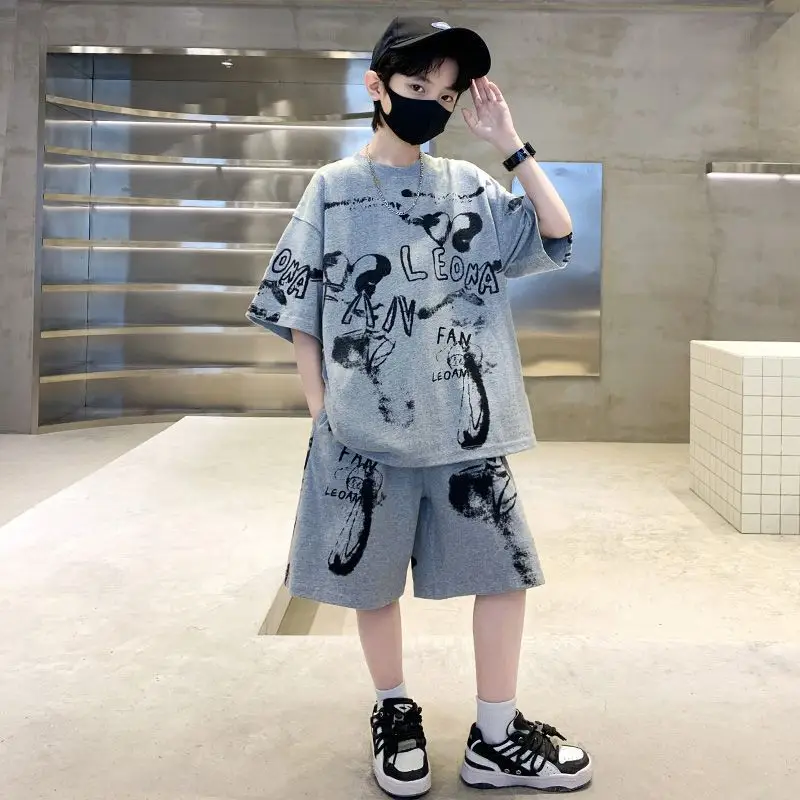 Kids Cotton Graphic Shorts Set Gray Black Summer Casual