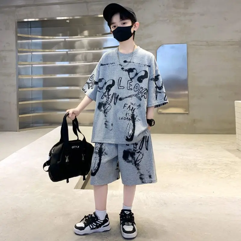 Kids Cotton Graphic Shorts Set Gray Black Summer Casual — feature 1