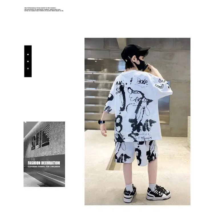 Kids Cotton Graphic Shorts Set Gray Black Summer Casual — feature 10