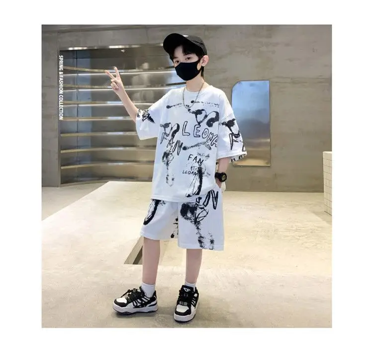 Kids Cotton Graphic Shorts Set Gray Black Summer Casual — feature 11
