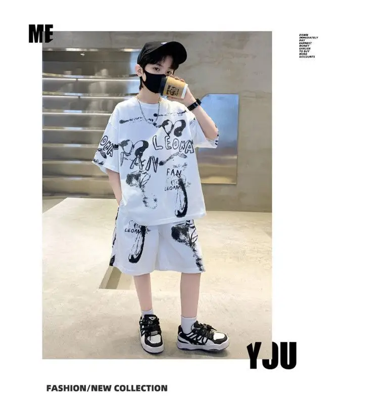 Kids Cotton Graphic Shorts Set Gray Black Summer Casual — feature 12