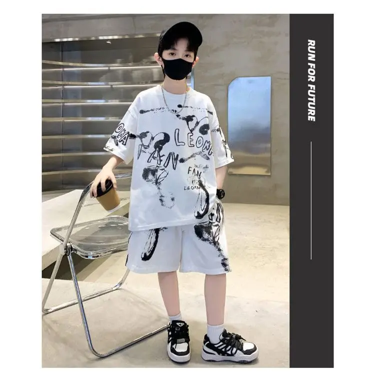Kids Cotton Graphic Shorts Set Gray Black Summer Casual — feature 13