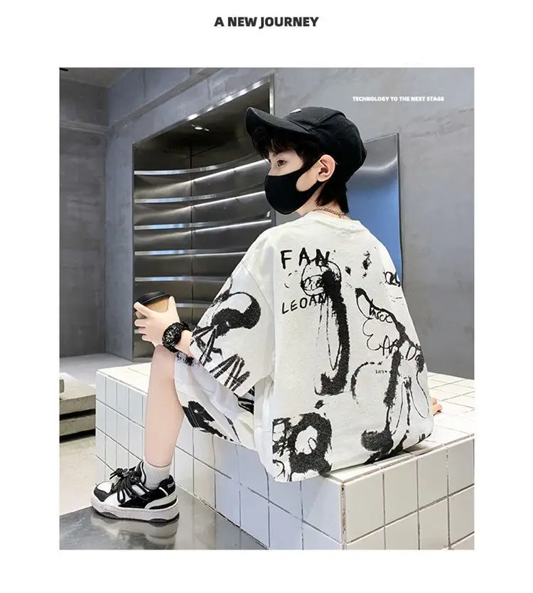 Kids Cotton Graphic Shorts Set Gray Black Summer Casual — feature 14