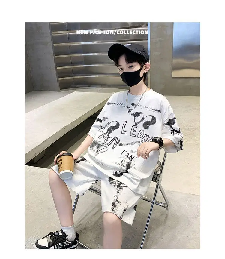 Kids Cotton Graphic Shorts Set Gray Black Summer Casual — feature 15