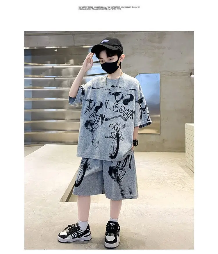 Kids Cotton Graphic Shorts Set Gray Black Summer Casual — feature 16