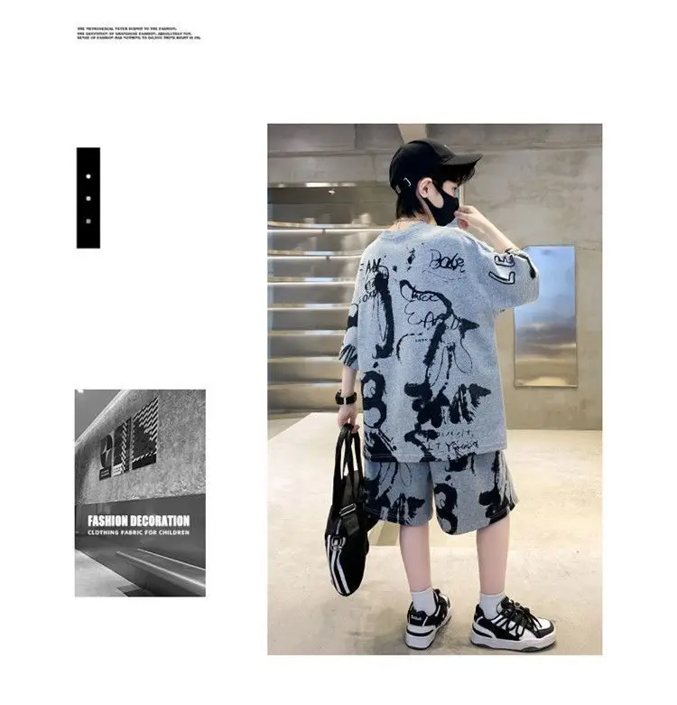 Kids Cotton Graphic Shorts Set Gray Black Summer Casual — feature 17