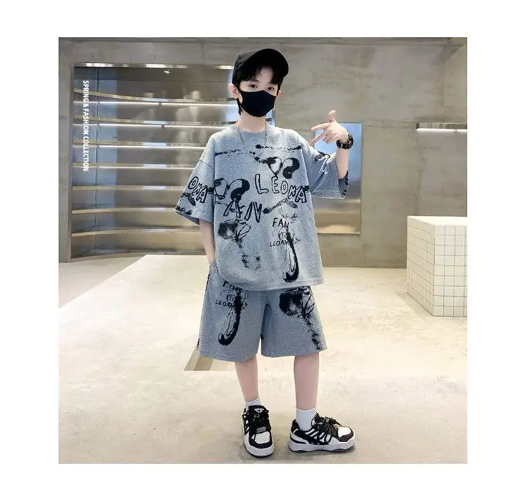 Kids Cotton Graphic Shorts Set Gray Black Summer Casual — feature 18