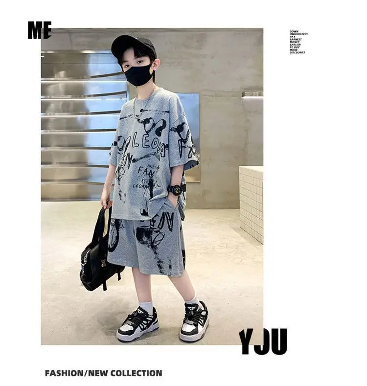 Kids Cotton Graphic Shorts Set Gray Black Summer Casual — feature 19
