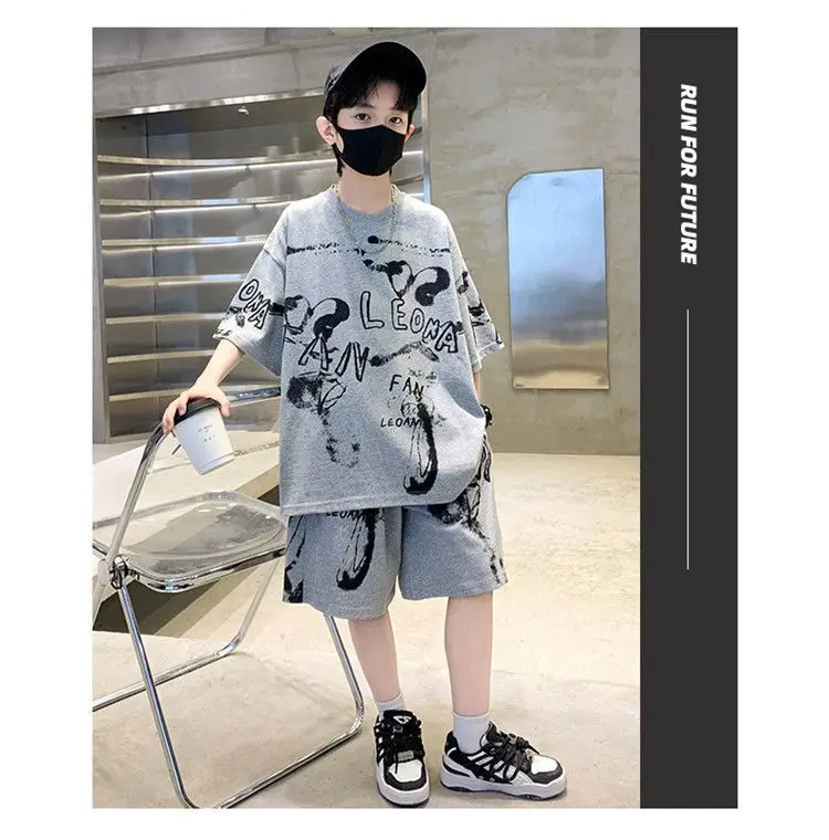Kids Cotton Graphic Shorts Set Gray Black Summer Casual — feature 20