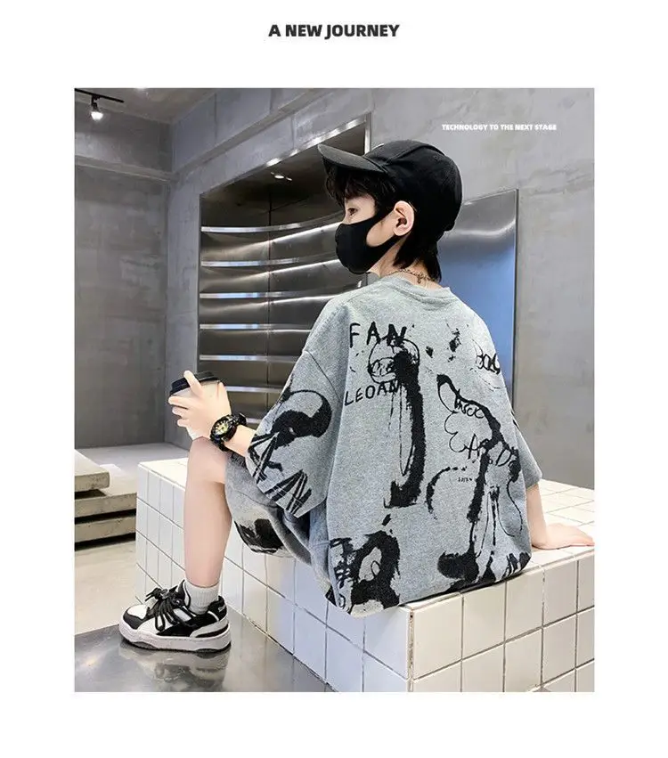 Kids Cotton Graphic Shorts Set Gray Black Summer Casual — feature 21
