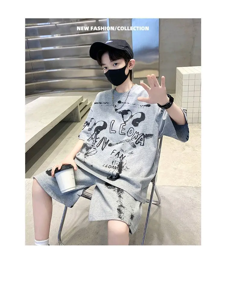 Kids Cotton Graphic Shorts Set Gray Black Summer Casual — feature 22