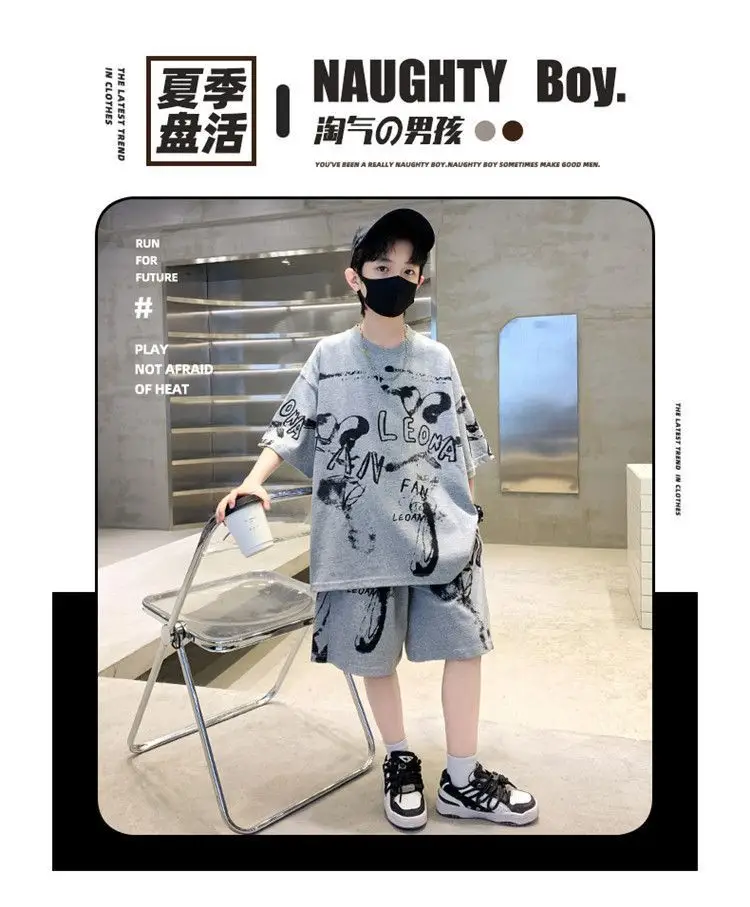 Kids Cotton Graphic Shorts Set Gray Black Summer Casual — feature 5