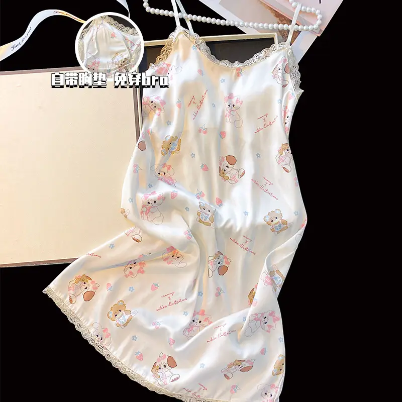 Milk and Ice Silk Nightgown Women's Summer 2024 New Sexy Pure Sling Pajamas with Chest Pad Home Clothes