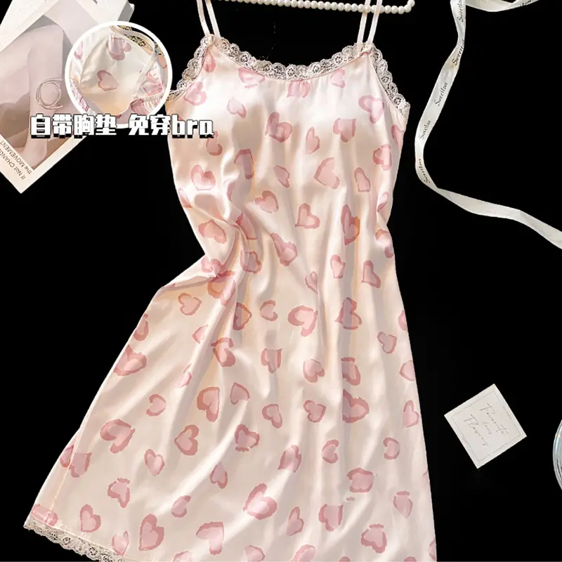 Milk and Ice Silk Nightgown Women's Summer 2024 New Sexy Pure Sling Pajamas with Chest Pad Home Clothes