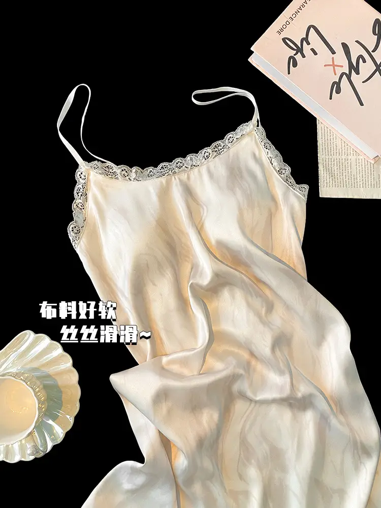 Milk and Ice Silk Nightgown Women's Summer 2024 New Sexy Pure Sling Pajamas with Chest Pad Home Clothes — feature 10