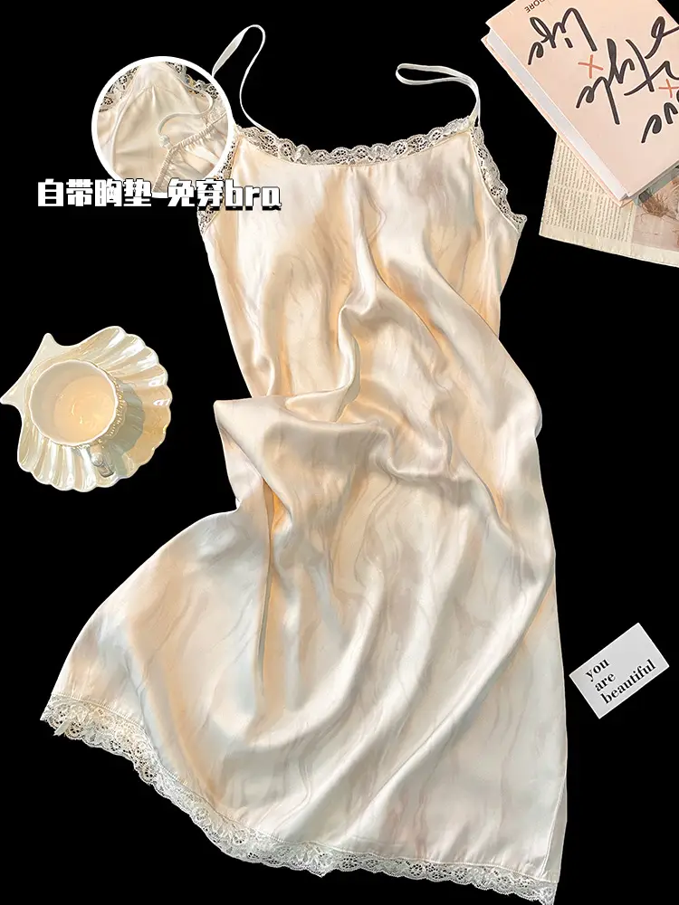 Milk and Ice Silk Nightgown Women's Summer 2024 New Sexy Pure Sling Pajamas with Chest Pad Home Clothes — feature 9