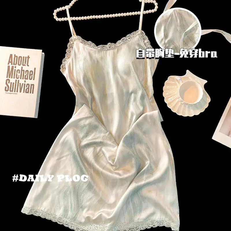 Milk and Ice Silk Nightgown Women's Summer 2024 New Sexy Pure Sling Pajamas with Chest Pad Home Clothes