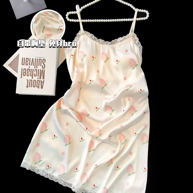 Milk and Ice Silk Nightgown Women's Summer 2024 New Sexy Pure Sling Pajamas with Chest Pad Home Clothes