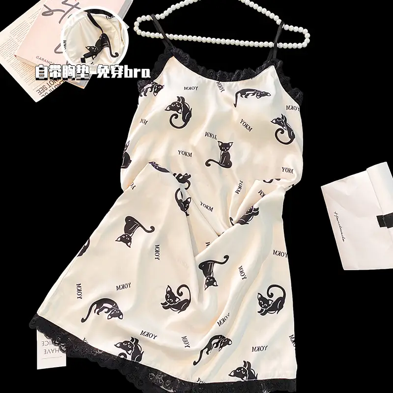 Milk and Ice Silk Nightgown Women's Summer 2024 New Sexy Pure Sling Pajamas with Chest Pad Home Clothes