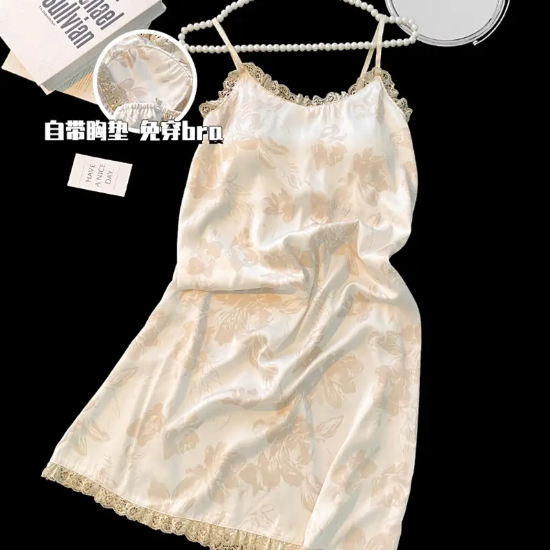 Milk and Ice Silk Nightgown Women's Summer 2024 New Sexy Pure Sling Pajamas with Chest Pad Home Clothes