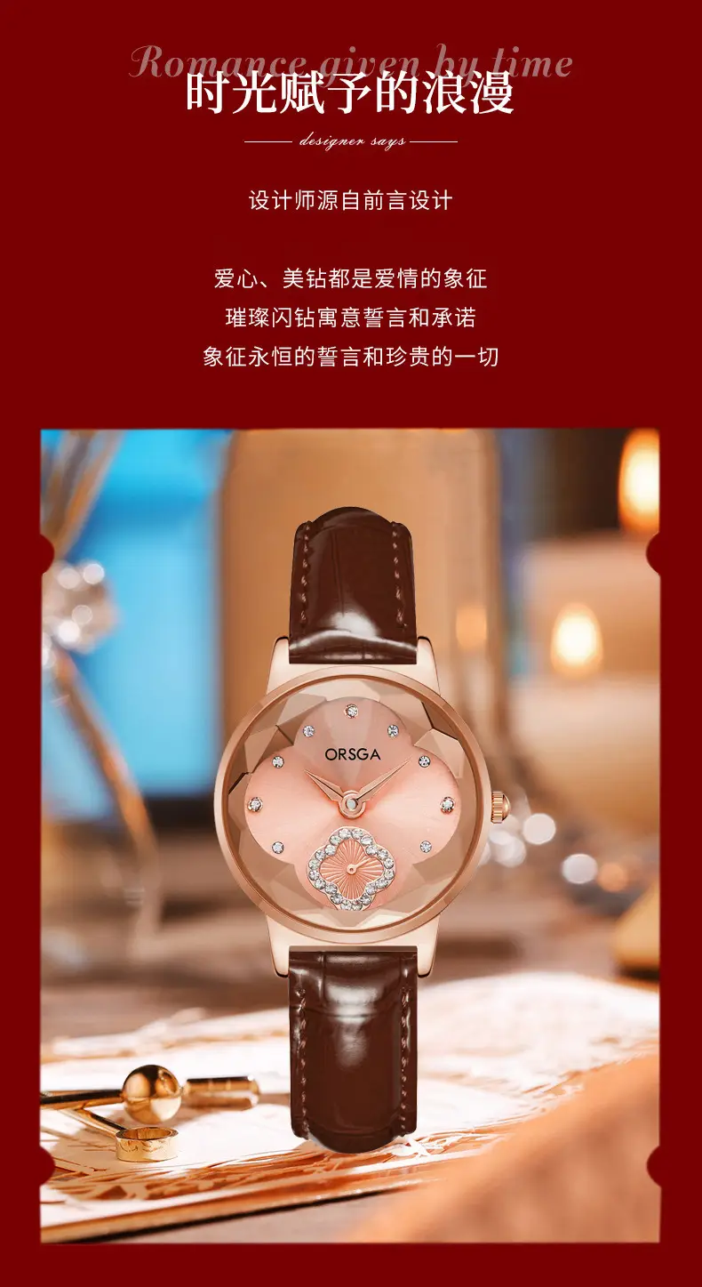 ORSGA Women's Rose Gold Diamond Watch White Leather Band — feature 4