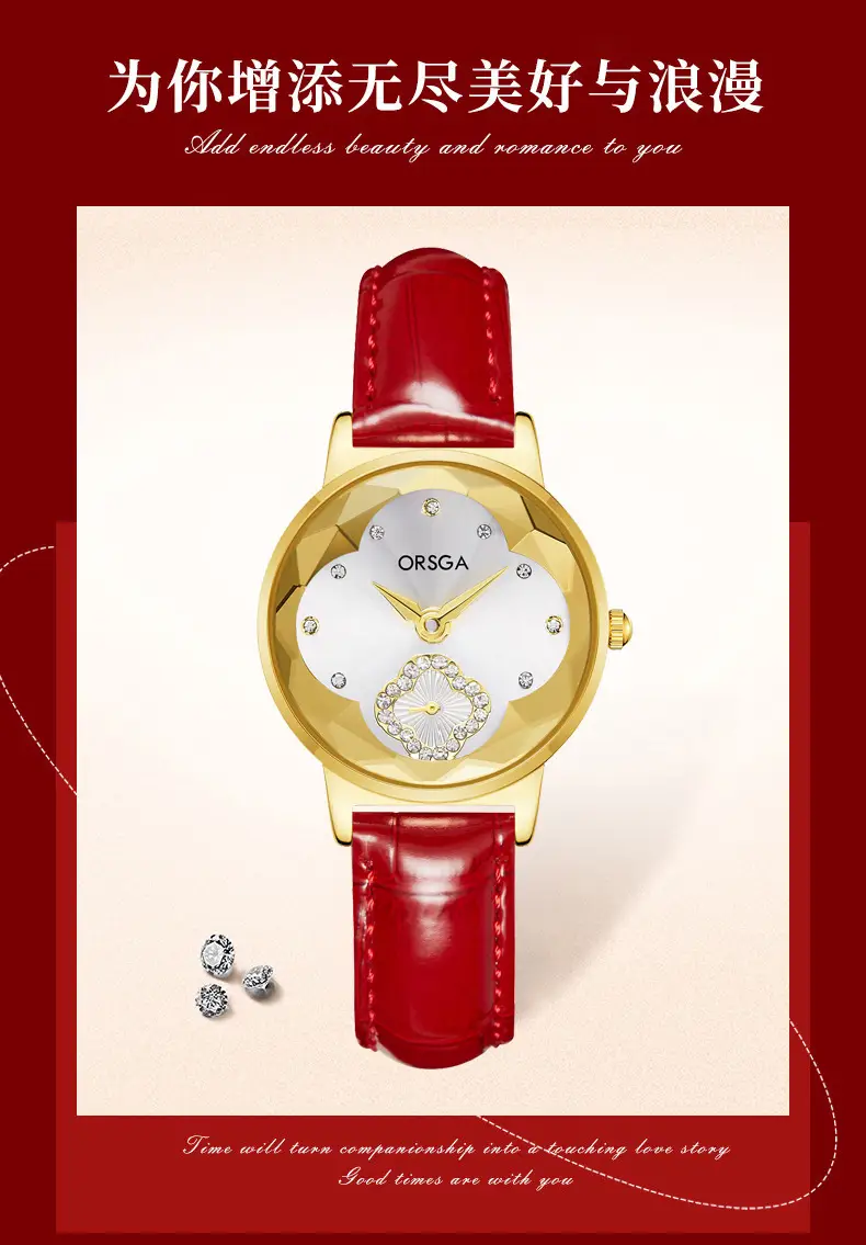 ORSGA Women's Rose Gold Diamond Watch White Leather Band — feature 6
