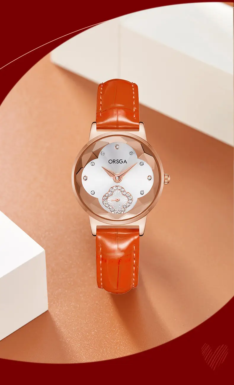 ORSGA Women's Rose Gold Diamond Watch White Leather Band — feature 7