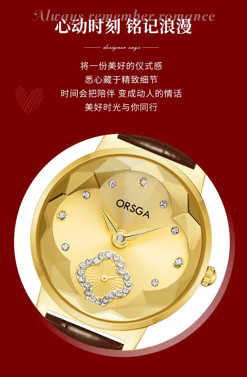 ORSGA Women's Rose Gold Diamond Watch White Leather Band — feature 8