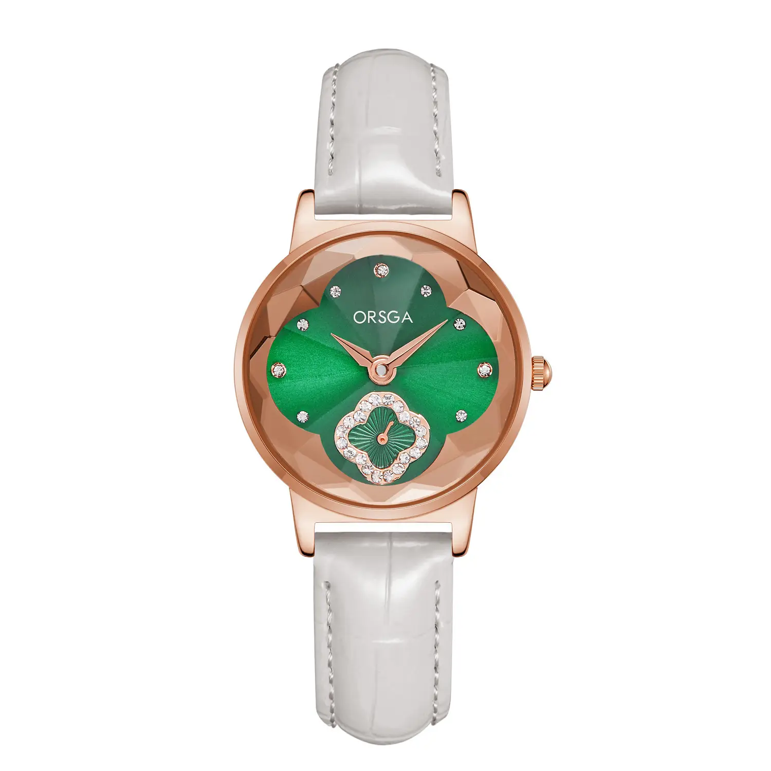 ORSGA Women's Rose Gold Diamond Watch White Leather Band - Image 10