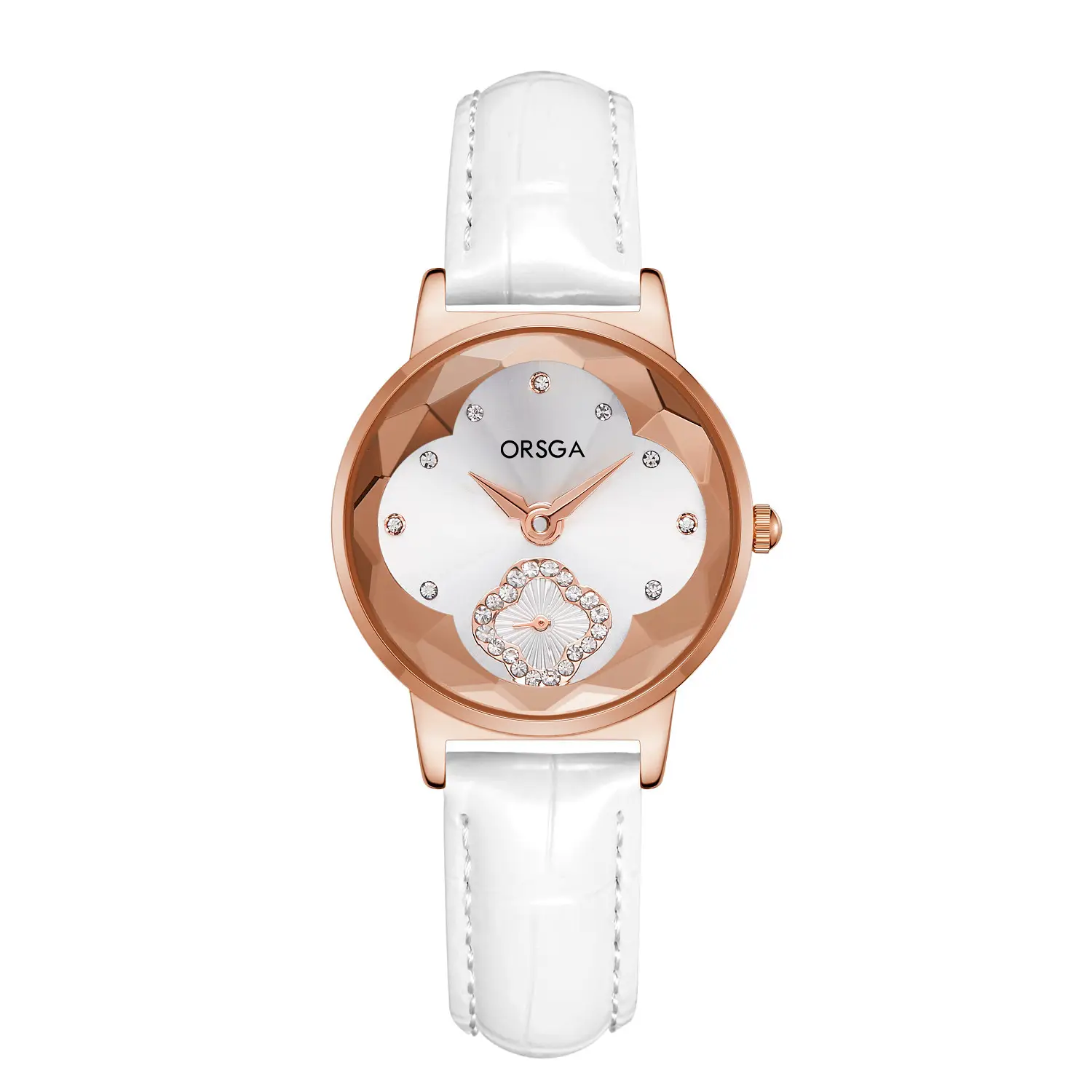 ORSGA Women's Rose Gold Diamond Watch White Leather Band - Image 14