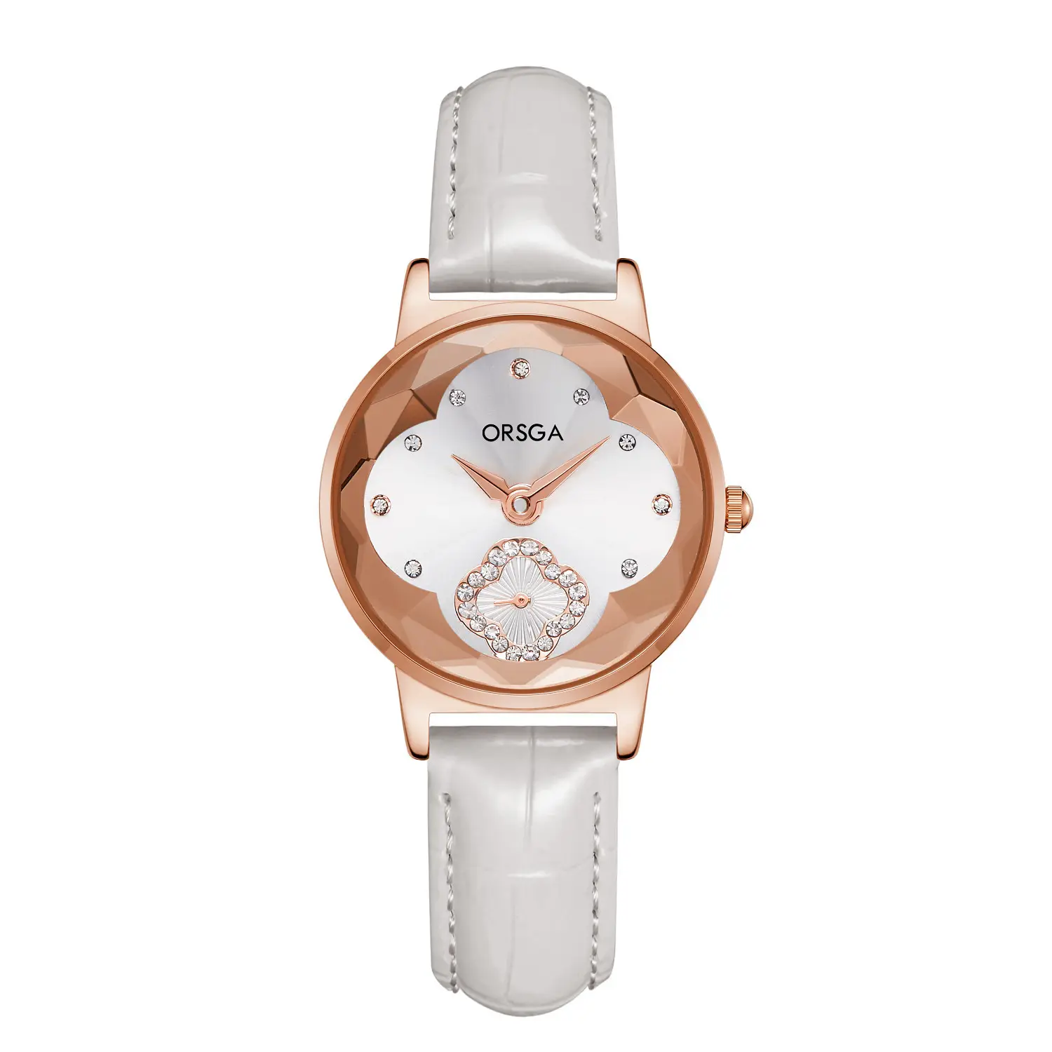 ORSGA Women's Rose Gold Diamond Watch White Leather Band - Image 15
