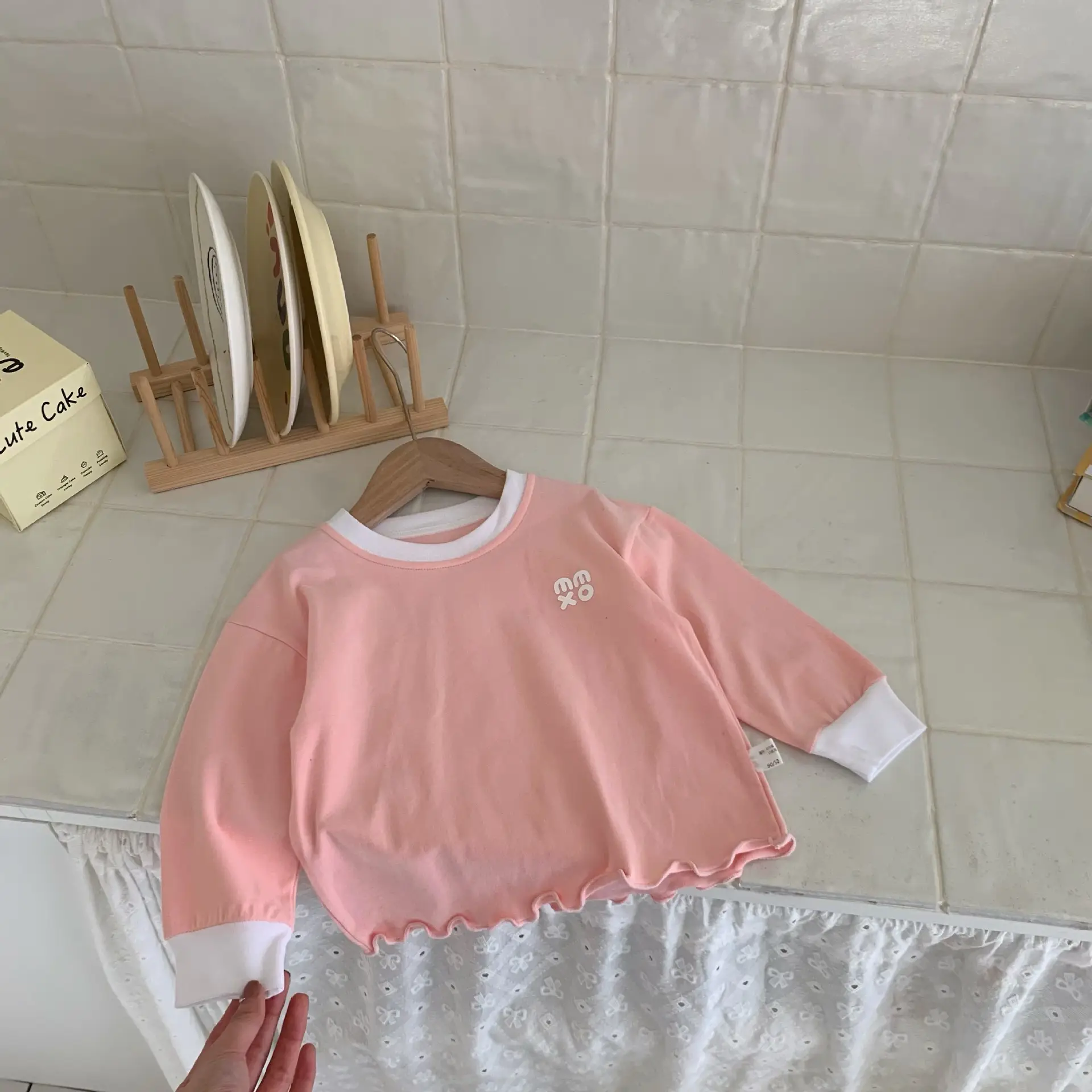 Children's Long Sleeve T-Shirt Solid Beige Spring Base - Image 2