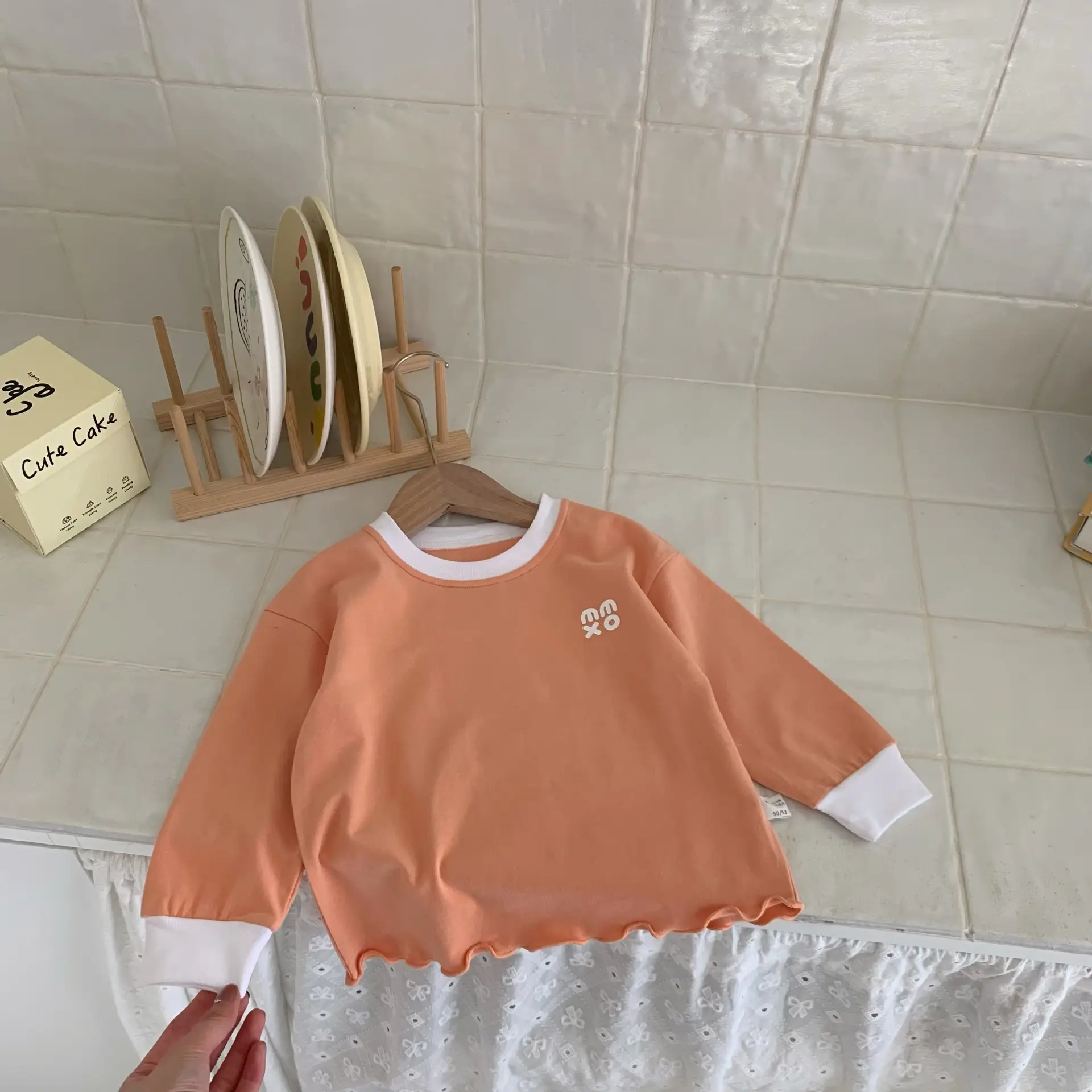 Children's Long Sleeve T-Shirt Solid Beige Spring Base - Image 3